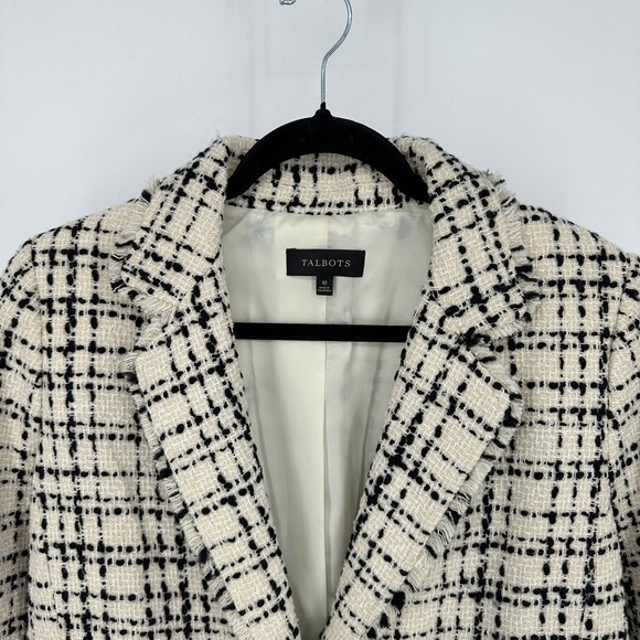 Talbots Women's Wool Plaid Tweed Blazer Jacket Size 10 Cream Black Fringe Trim - Picture 7 of 11